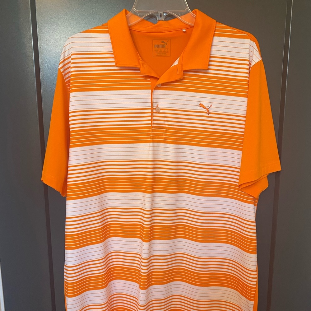 Puma Golf Polo. Like New. Great condition.  Men’s Large. Orange + white stripes